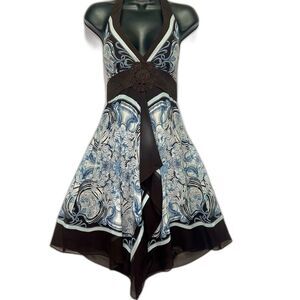 NWT BCBG Max Azria Blue Brown Silk & Crotchet Floral Halter Dress Fairy Boho Y2K